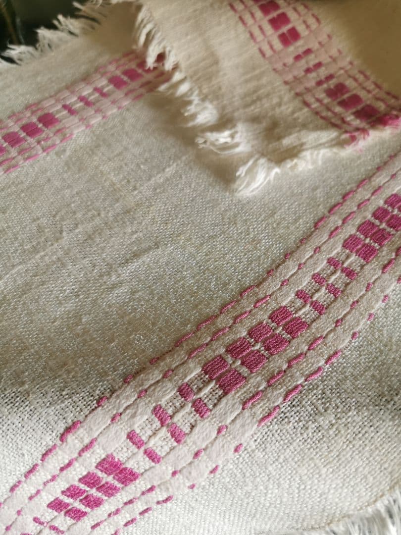 ヴィンテージ フランス ラズベリー桜ピンク織刺繍 プレイスマット リネンランナー