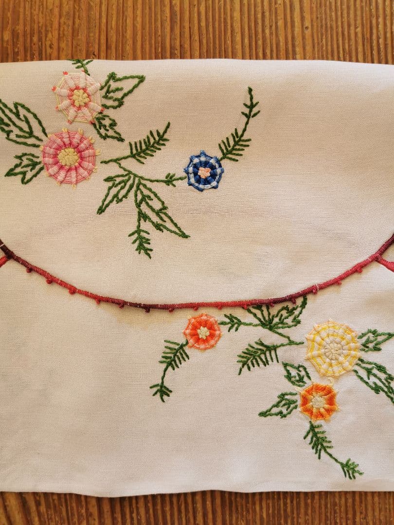 アンティーク フランス 立体的な色糸バリオン薔薇刺繍 ランジェリーリネンケース